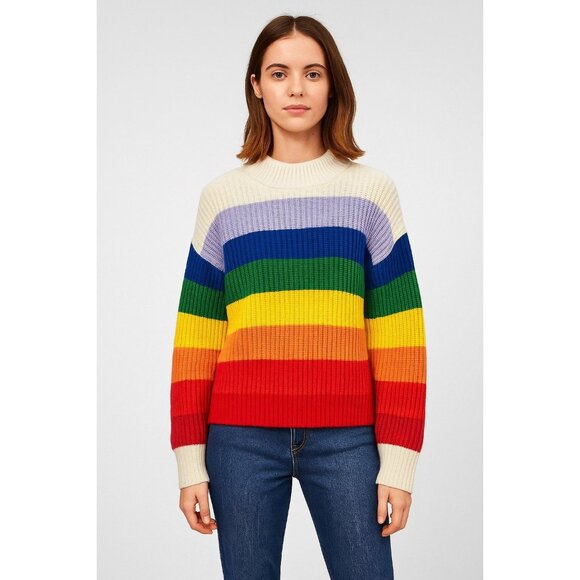 Monki Rainbow Stripe Chunky Knit Sweater | Size Small | Bold Color Block Pullove - Picture 1 of 8